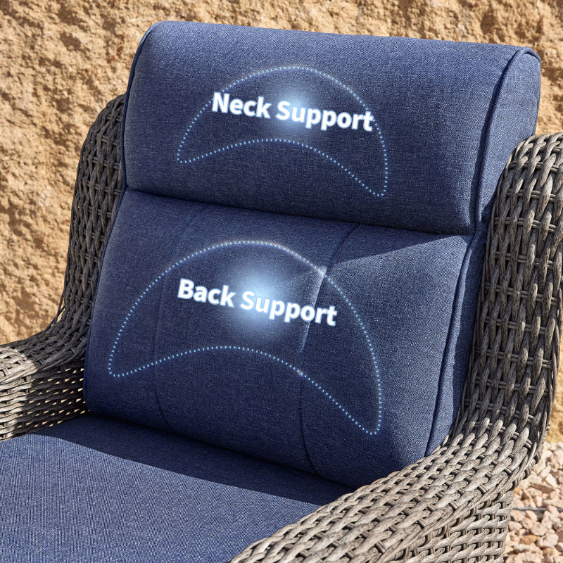 Blue neck and back support pillow on a wicker chair against a stone wall.