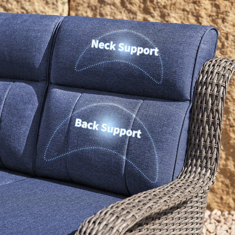 Blue cushion with 'Neck Support' and 'Back Support' text on a wicker chair.
