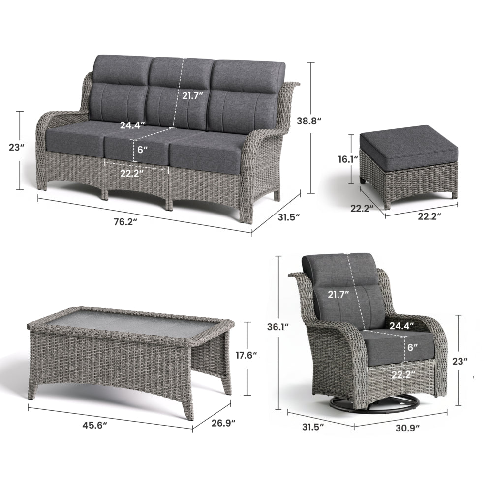 TARN Outdoor 5 Piece Gray Wicker Sofa And Swivel Glider Chairs Set