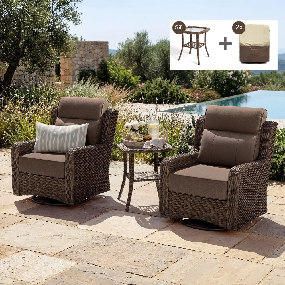 Two brown wicker outdoor swivel armchairs with taupe cushions are shown on a stone patio beside a pool, with a small matching side table between them. An inset at the top right shows a gift chair and a covered chair set.