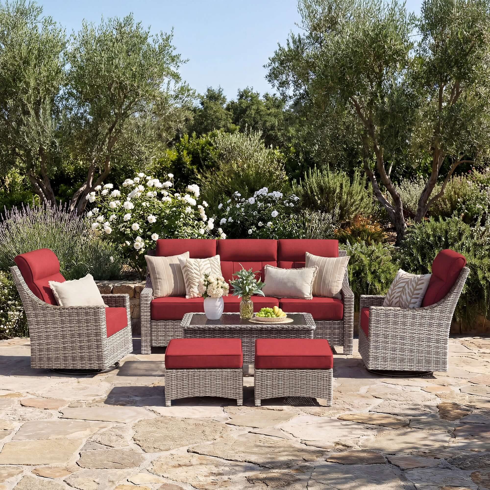 Outdoor Wicker Sofa & Swivel Glider Chairs Patio Furniture Set