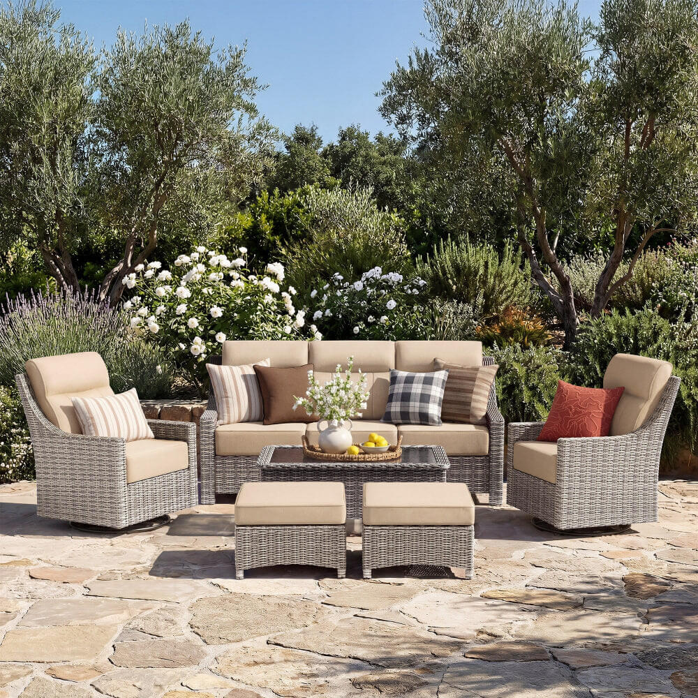 Outdoor Wicker Sofa & Swivel Glider Chairs Patio Furniture Set