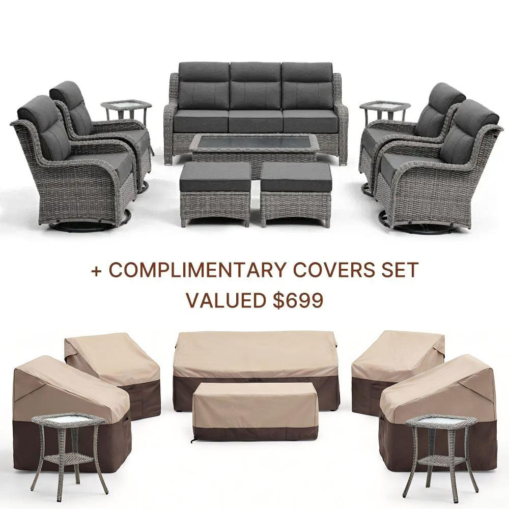 [Free Covers] TARN Patio Furniture 10-piece Wicker Sofa Set
