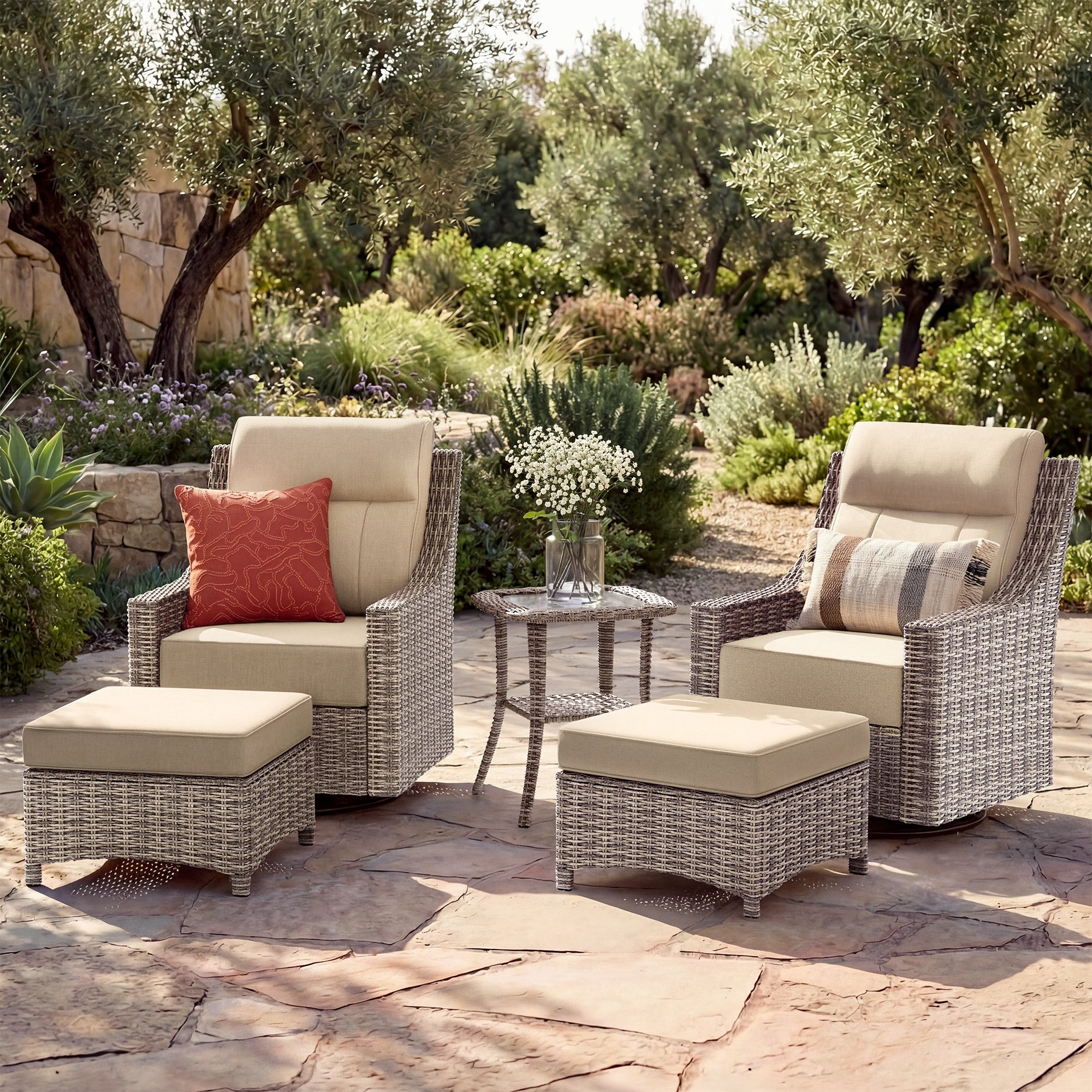 NEVE Outdoor Wicker Swivel Glider Chairs with Ottomans