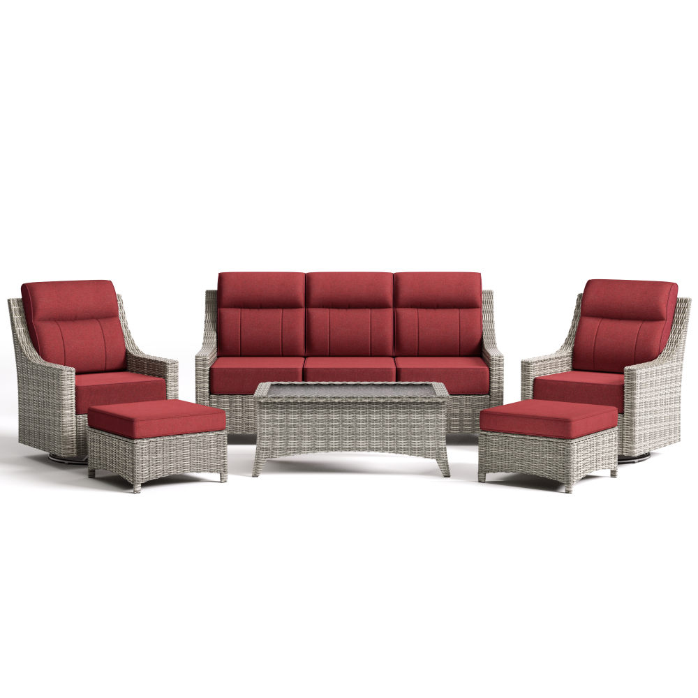 Outdoor furniture set with red cushions on a white background