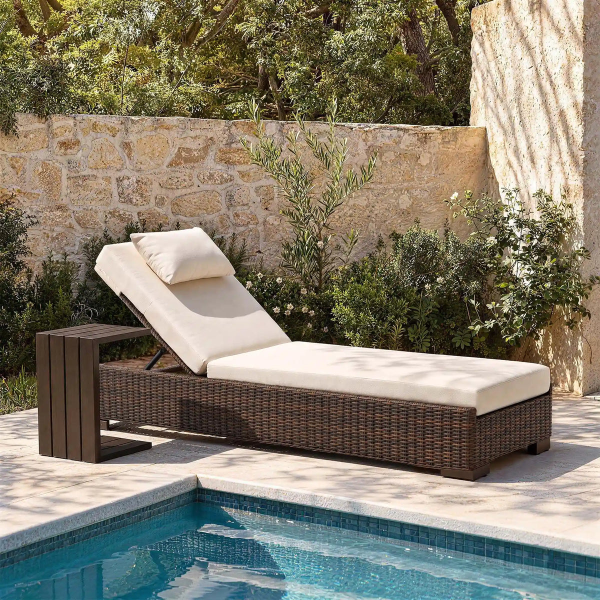 LOAM Outdoor Wicker Adjustable Chaise Lounge with Optional Cover & C-Shaped Side Table