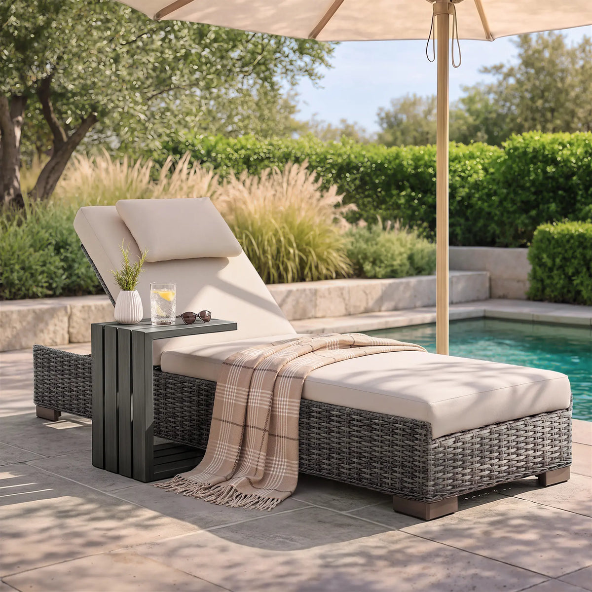 TARN Outdoor Wicker Adjustable Chaise Lounge with Optional Cover & C-Shaped Side Table