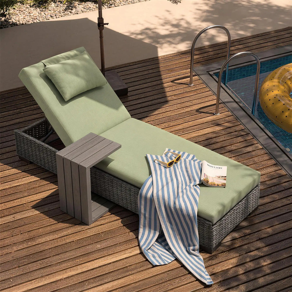 TARN Outdoor Wicker Adjustable Chaise Lounge with Optional Cover & C-Shaped Side Table