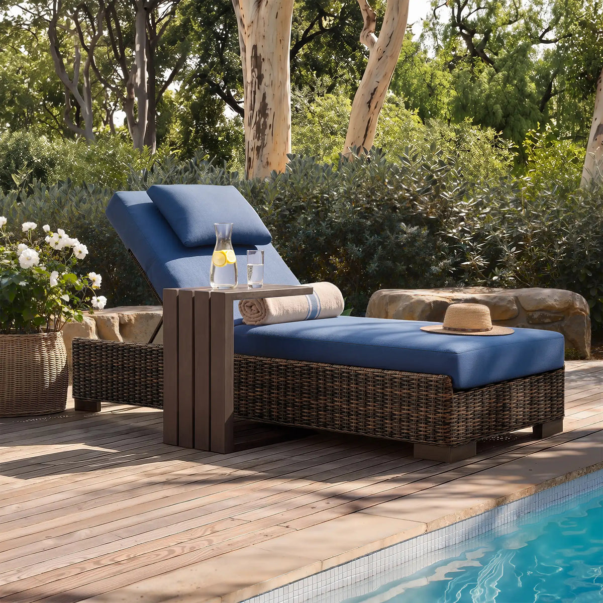 LOAM Outdoor Wicker Adjustable Chaise Lounge with Optional Cover & C-Shaped Side Table