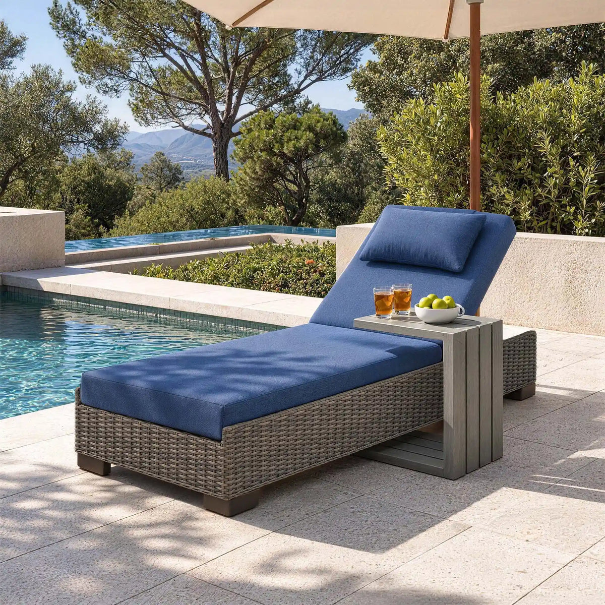 TARN Outdoor Wicker Adjustable Chaise Lounge with Optional Cover & C-Shaped Side Table