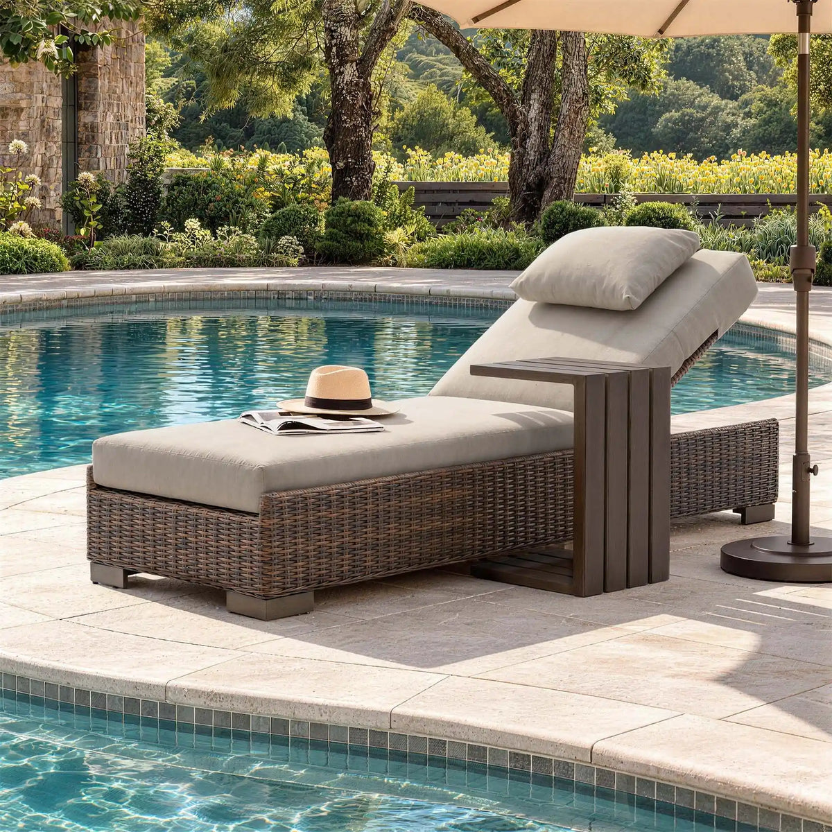LOAM Outdoor Wicker Adjustable Chaise Lounge with Optional Cover & C-Shaped Side Table
