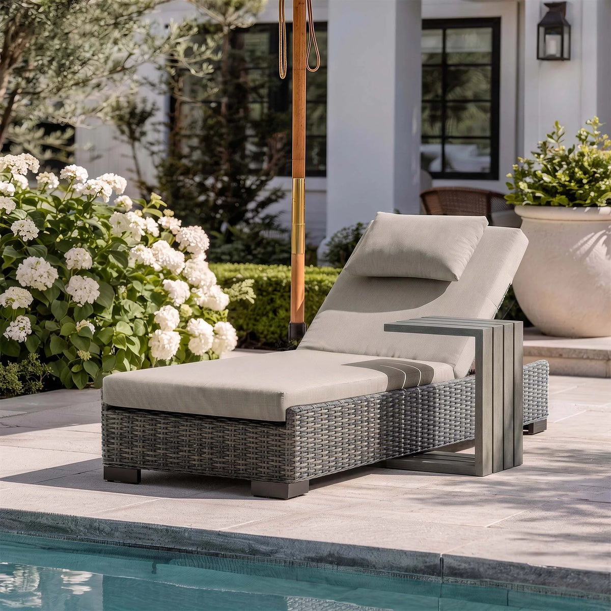 TARN Outdoor Wicker Adjustable Chaise Lounge with Optional Cover & C-Shaped Side Table