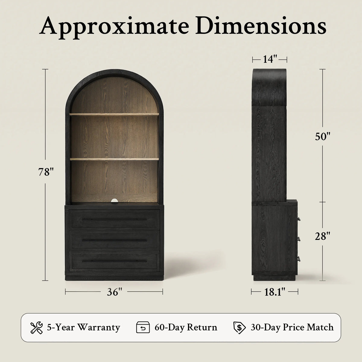 Arden 36" Tall Arched Bookcase with 3-Drawer Storage Cabinet