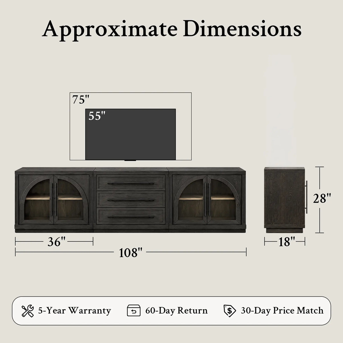Arden 108" 3-Piece Media Console with Arched Glass Doors