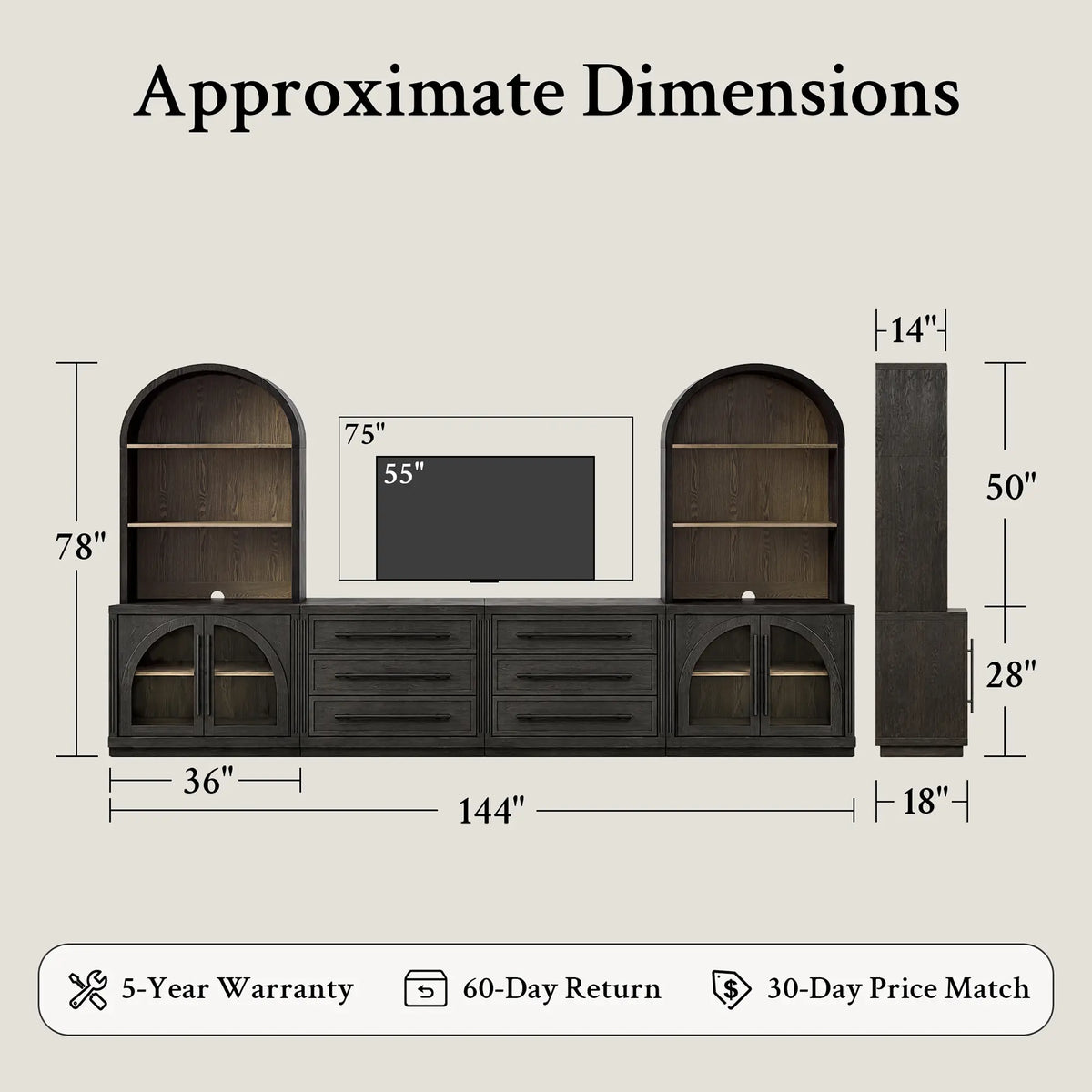 Arden 144" 6-Piece Entertainment Center with Arched Bookcases