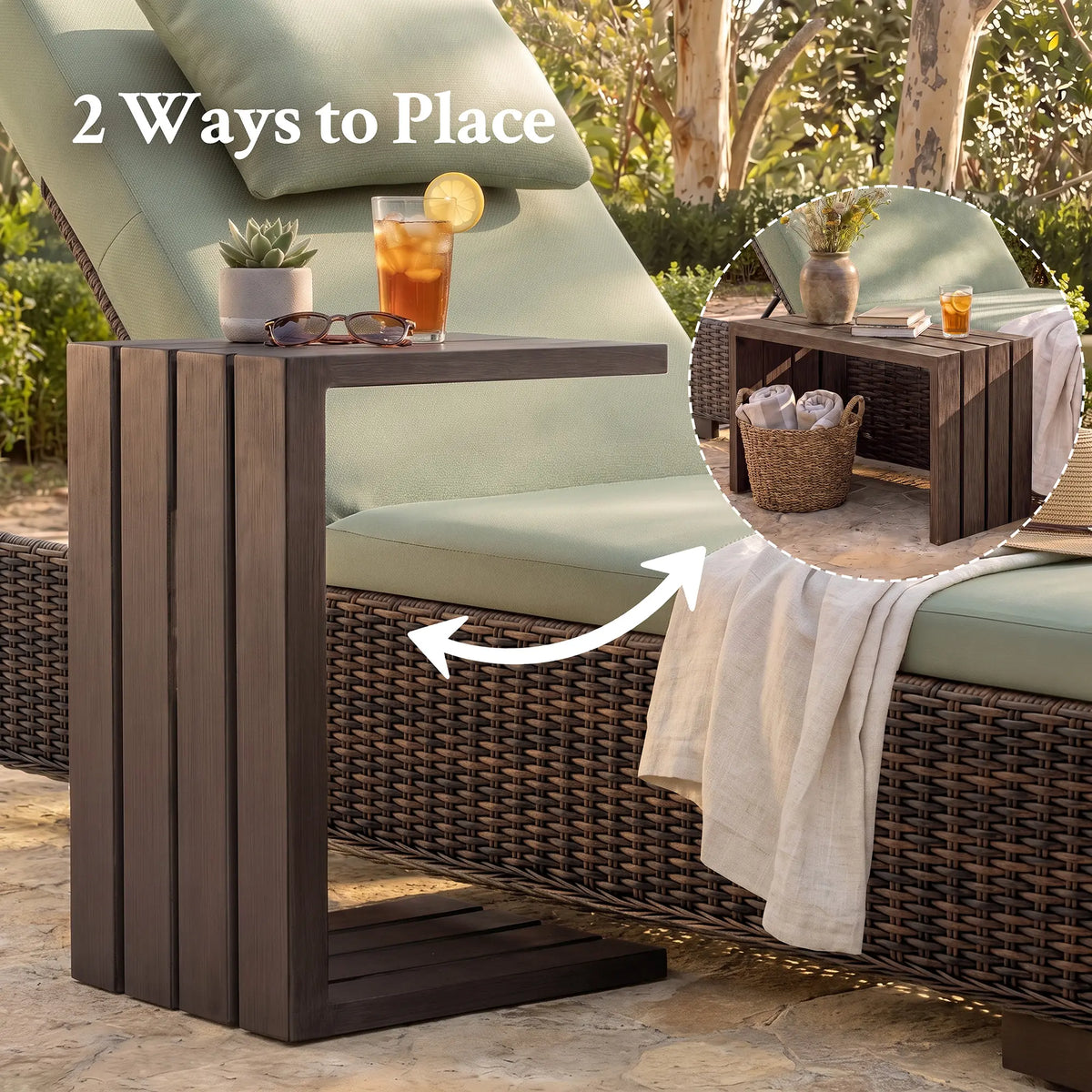 LOAM Outdoor Wicker Adjustable Chaise Lounge with Optional Cover & C-Shaped Side Table