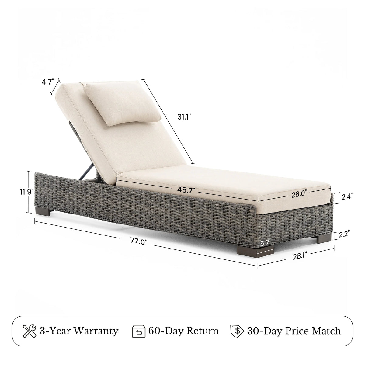 TARN Outdoor Wicker Adjustable Chaise Lounge with Optional Cover & C-Shaped Side Table