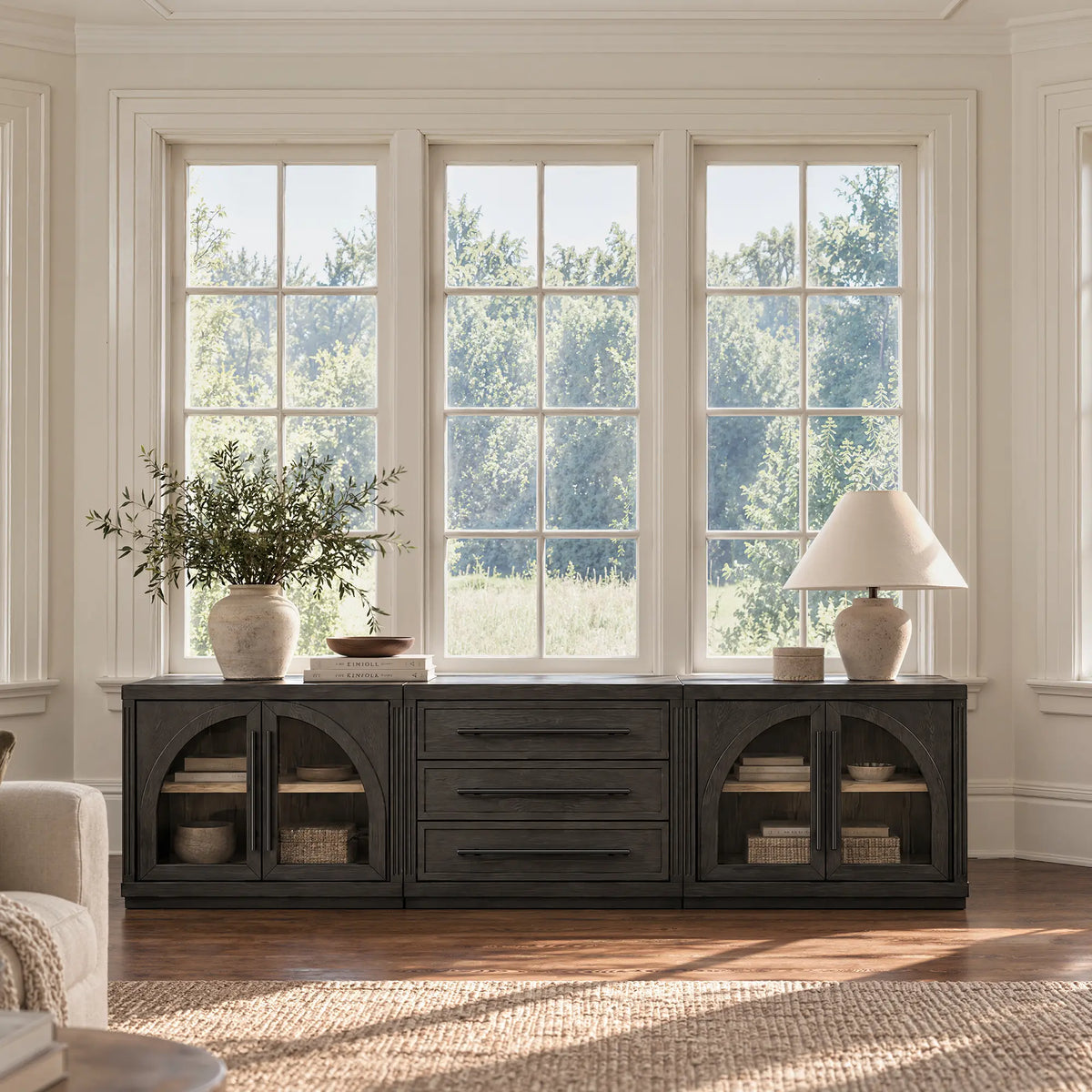 Arden 108" 3-Piece Media Console with Arched Glass Doors
