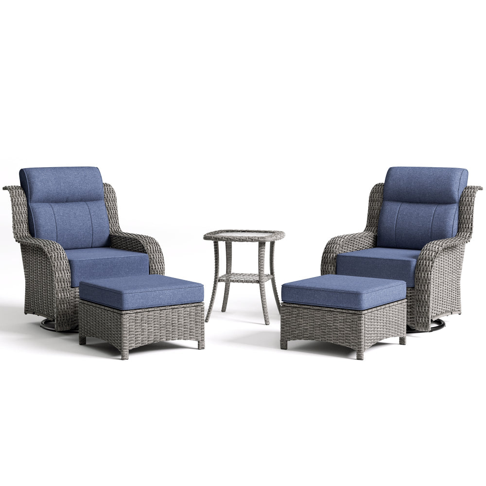 Outdoor furniture set with two chairs, ottomans, and a side table on a white background