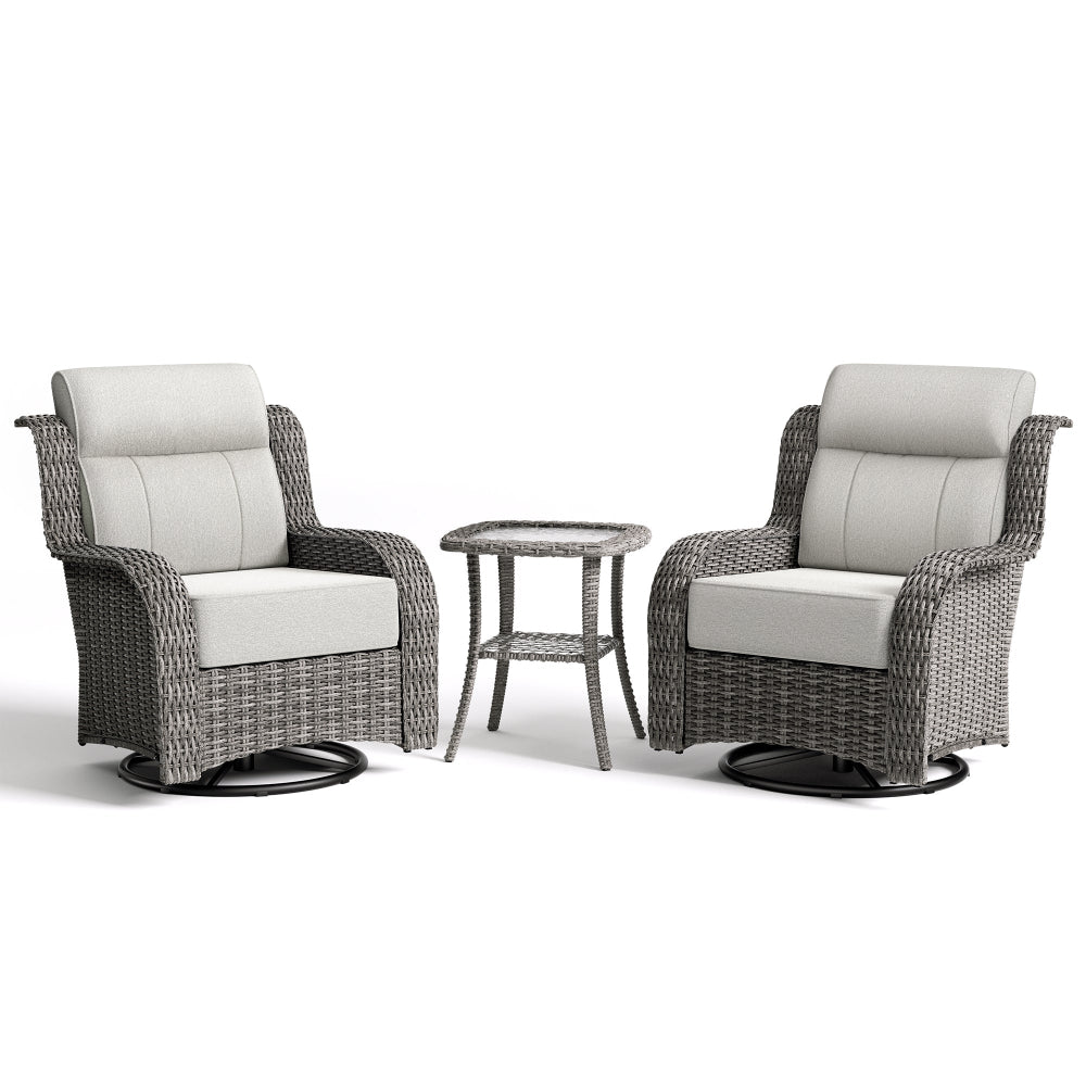 Two wicker chairs with gray cushions and a matching side table on a white background