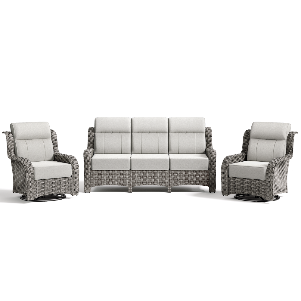 Outdoor 3 piece furniture set with two armchairs and a sofa on a white background