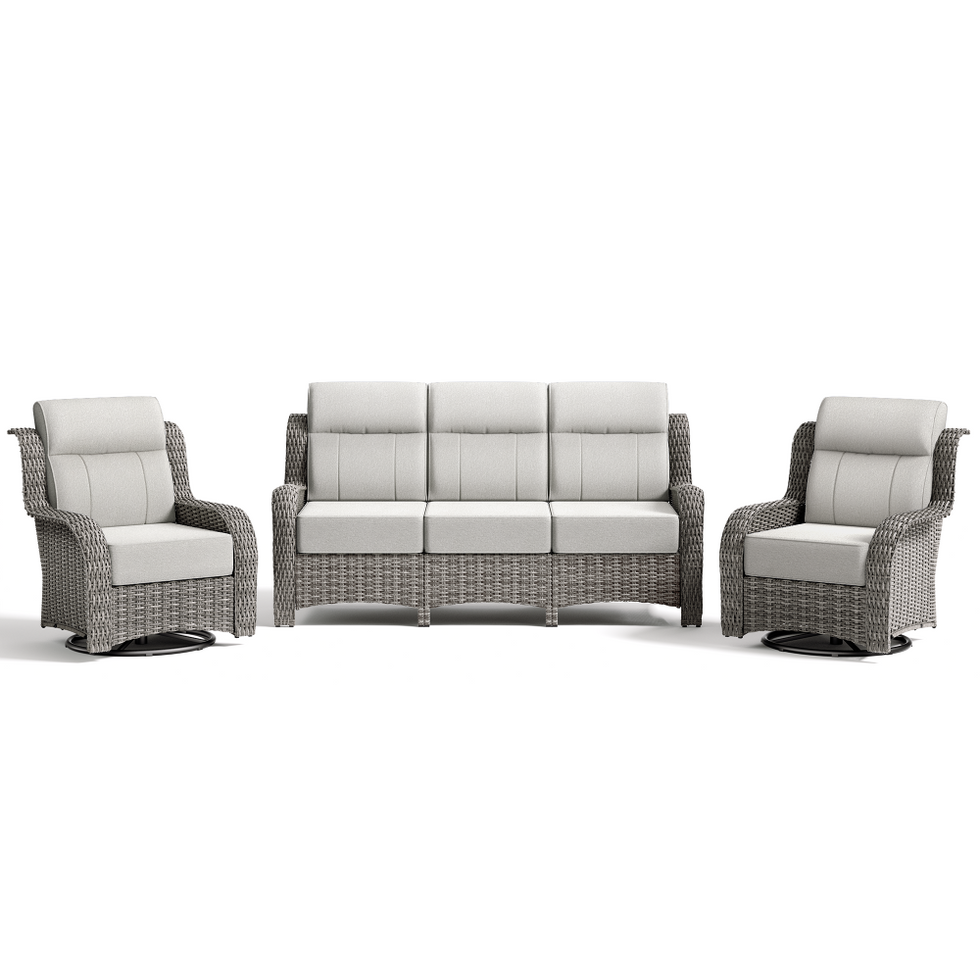 Outdoor 3 piece furniture set with two armchairs and a sofa on a white background