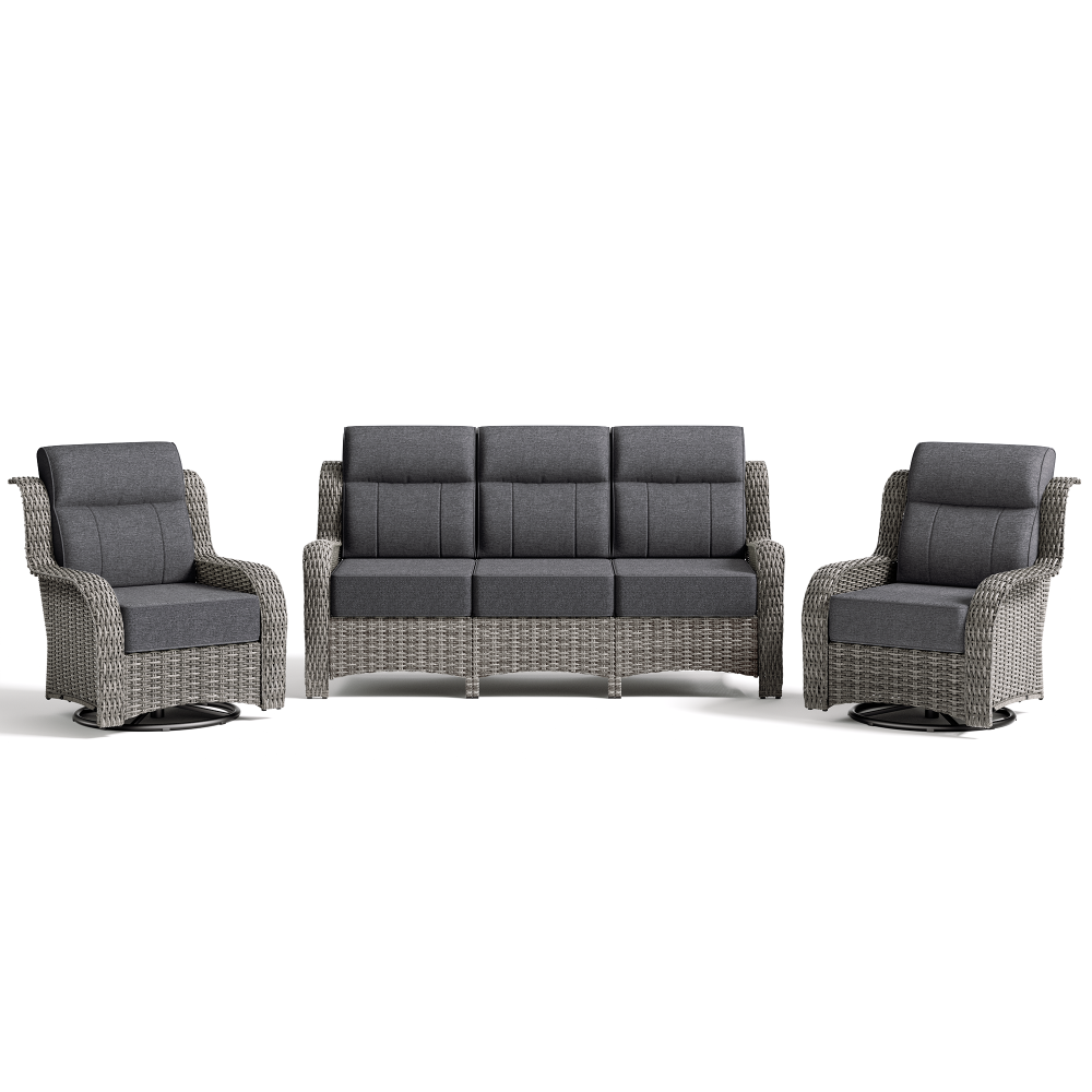 Outdoor furniture set with two chairs and a sofa on a white background