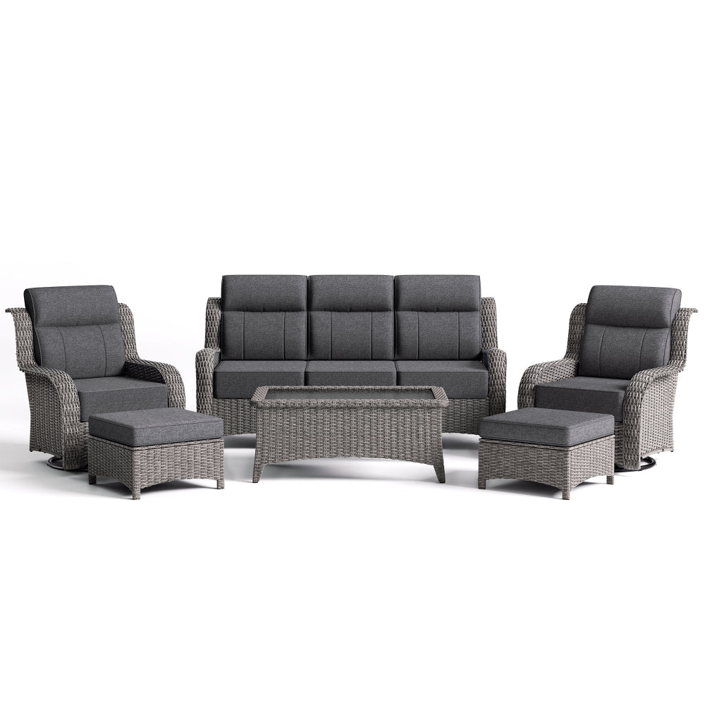 Outdoor furniture set with gray cushions on a white background