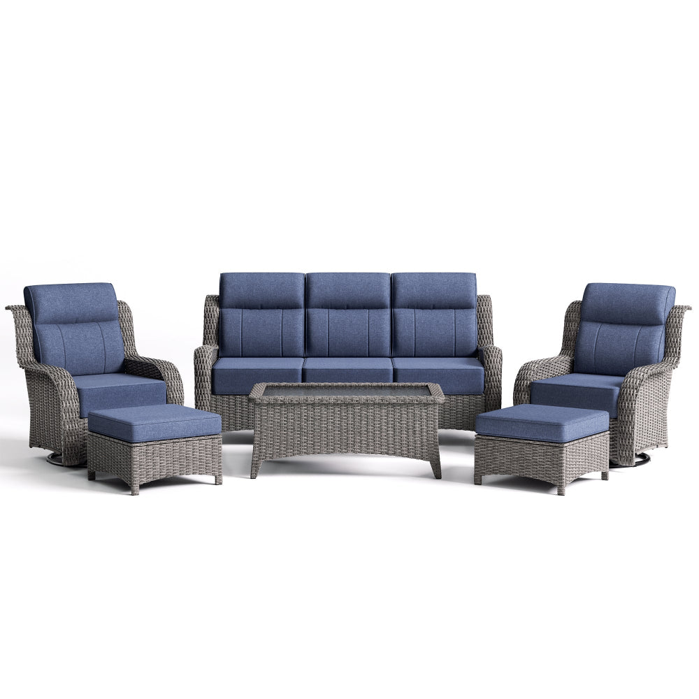 Outdoor furniture set with gray frames and blue cushions on a white background