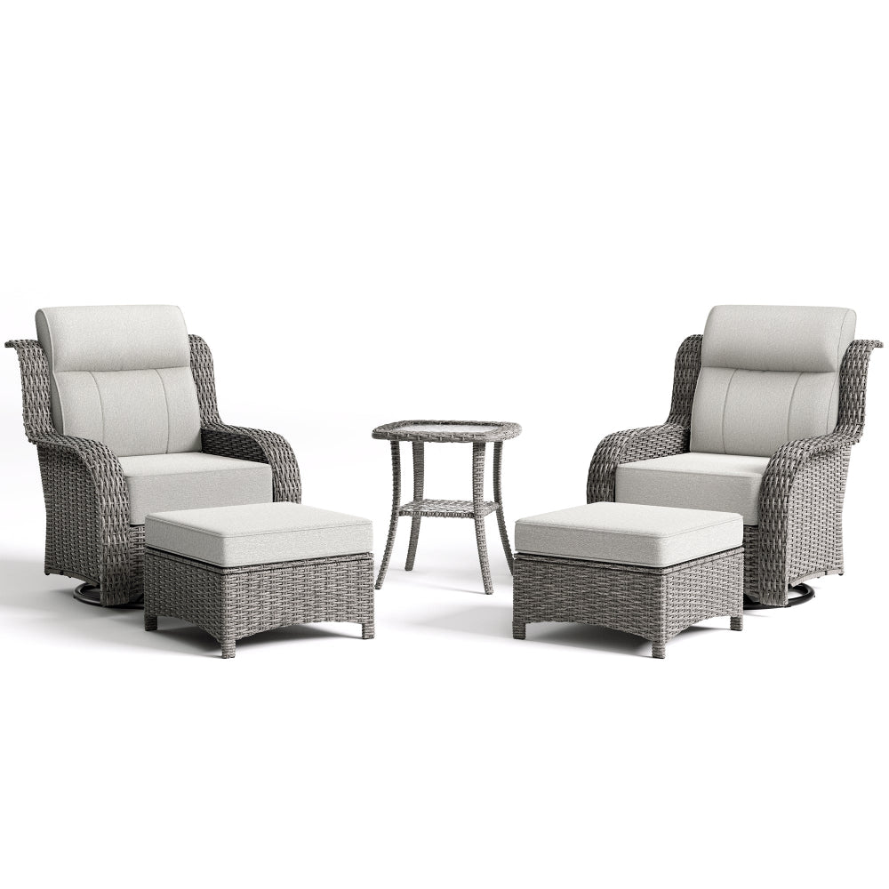 Outdoor furniture set with two chairs, ottoman, and side table on a white background