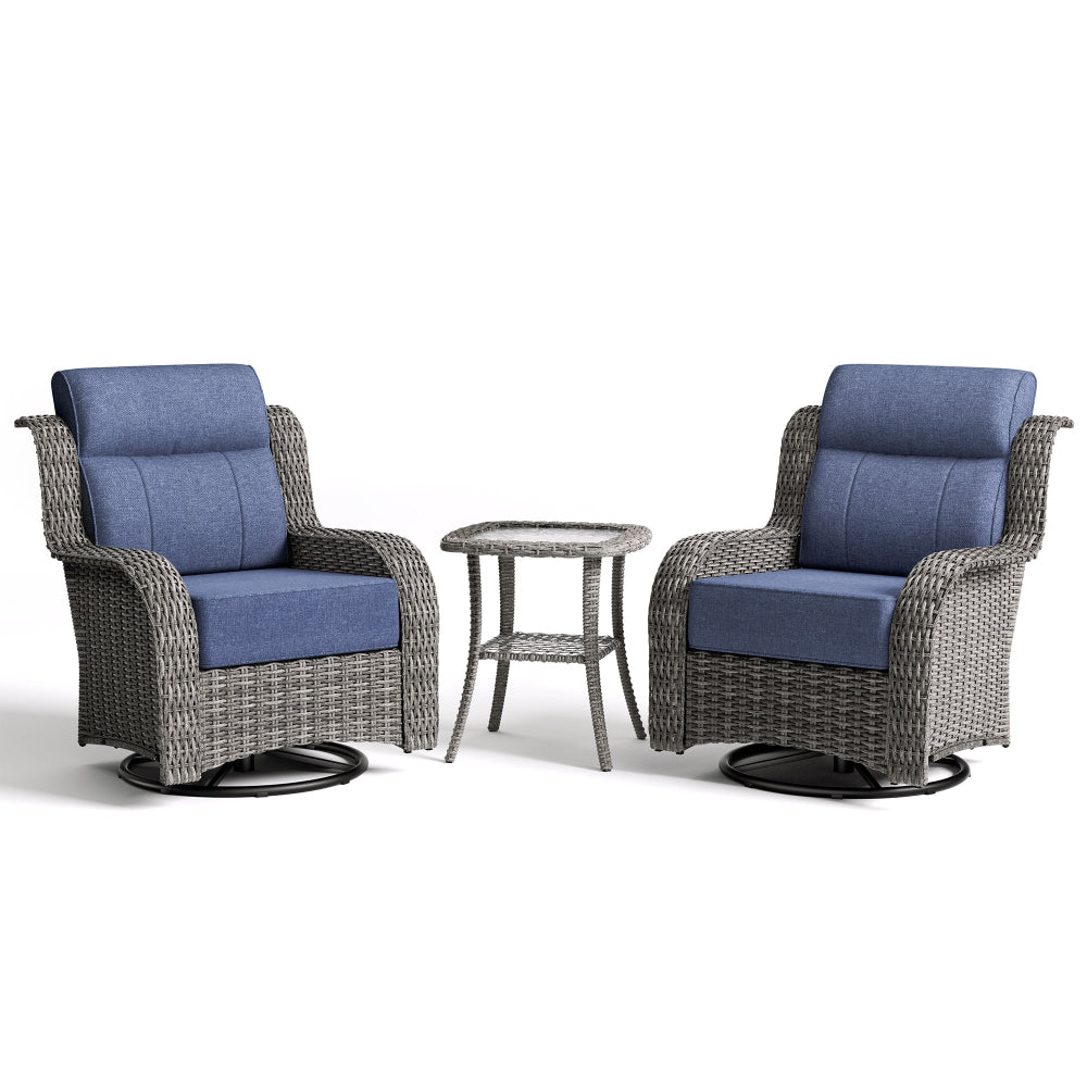 Two wicker chairs with blue cushions and a matching side table on a white background