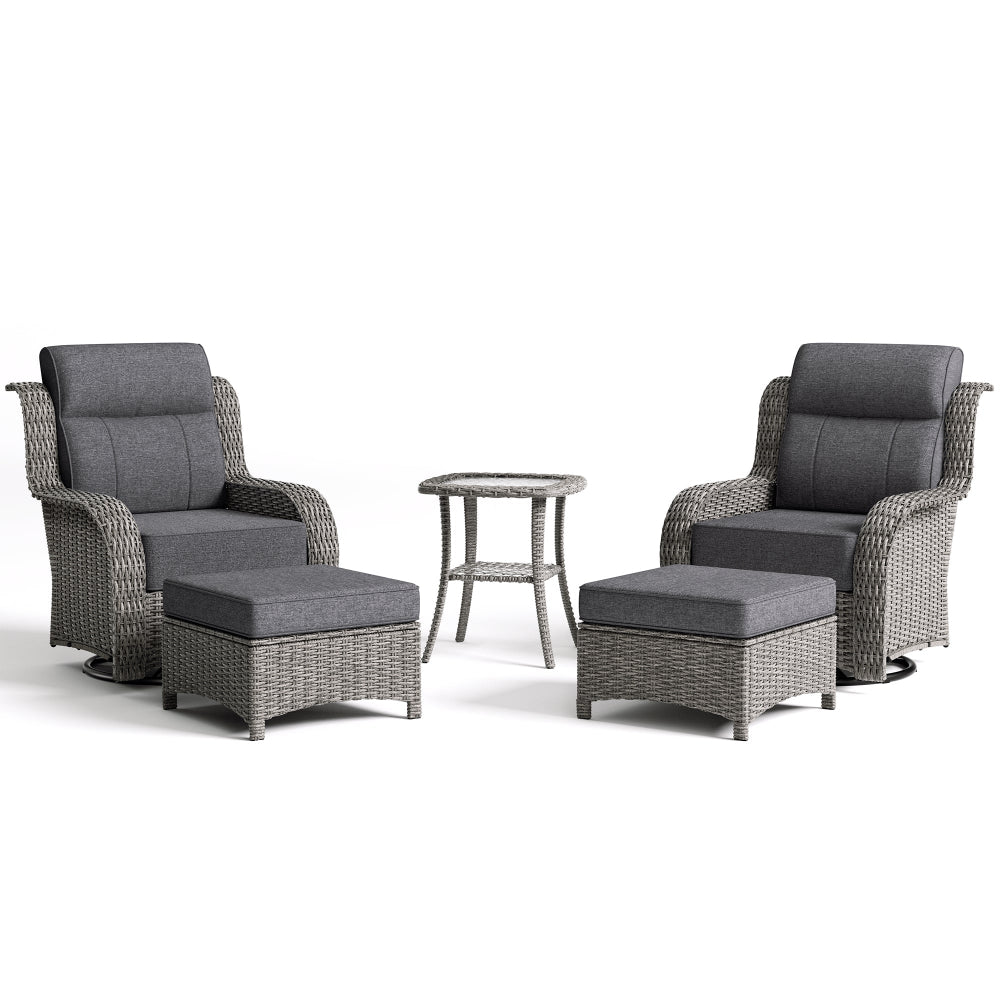Outdoor furniture set with two chairs, ottomans, and a side table on a white background