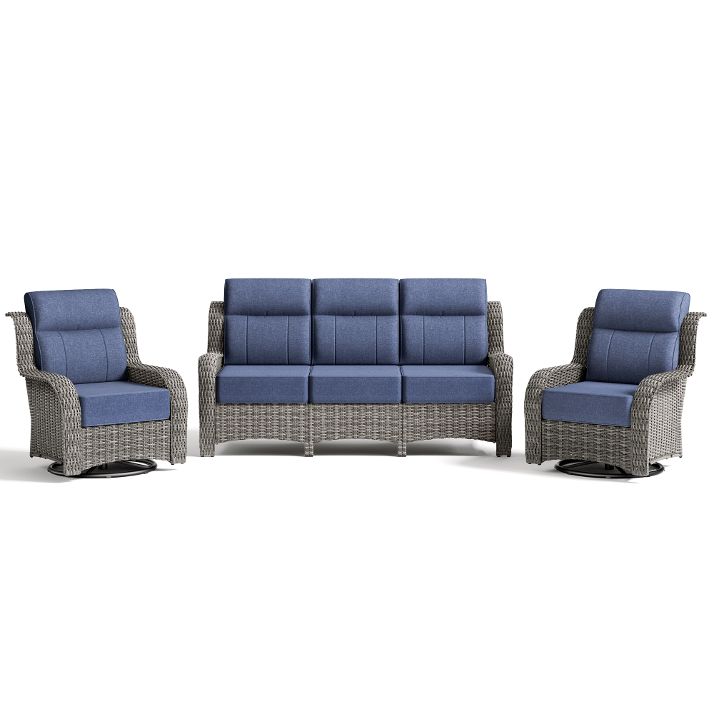 Outdoor furniture set with two chairs and a sofa on a white background