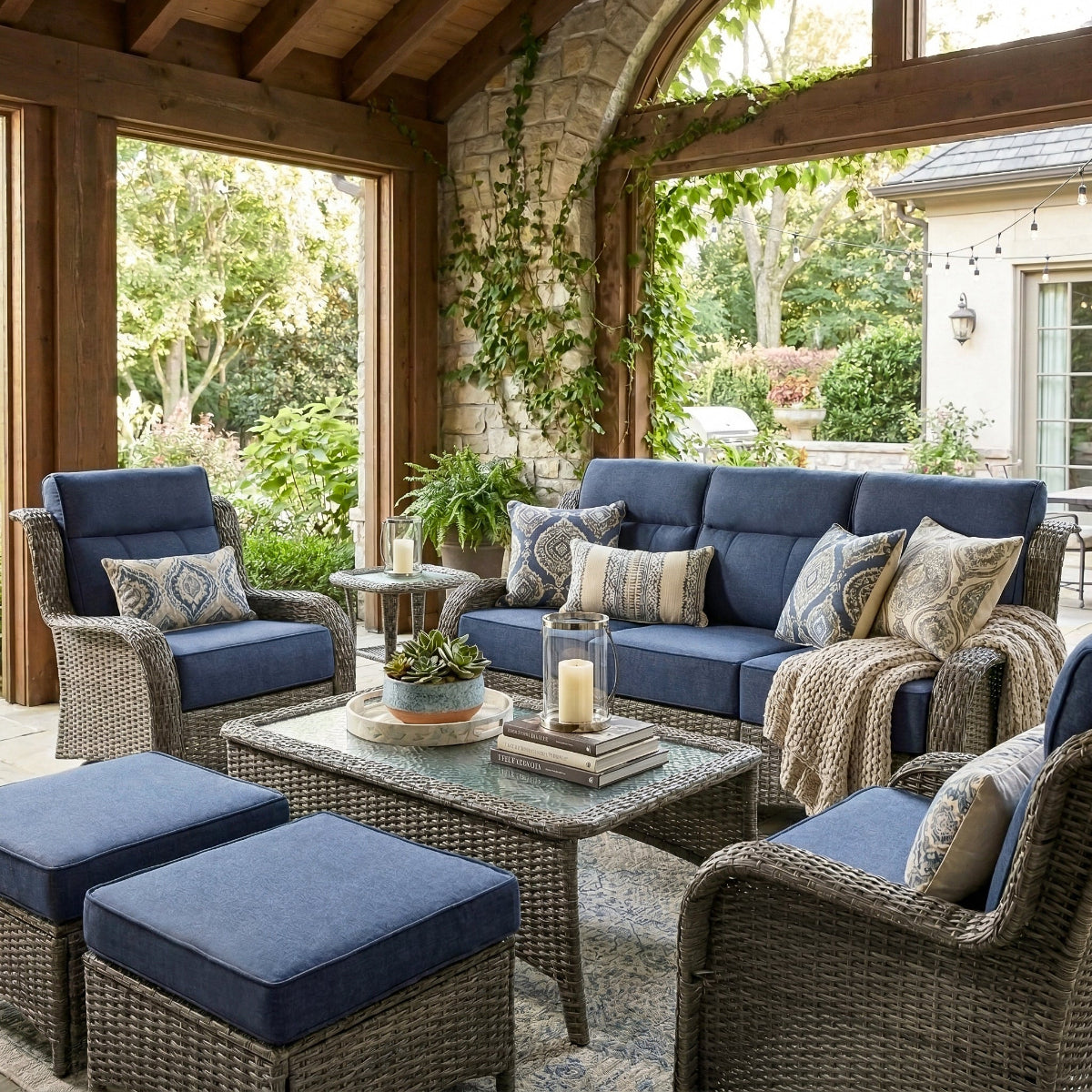 Outdoor patio with blue furniture, cushions, and decorative items.