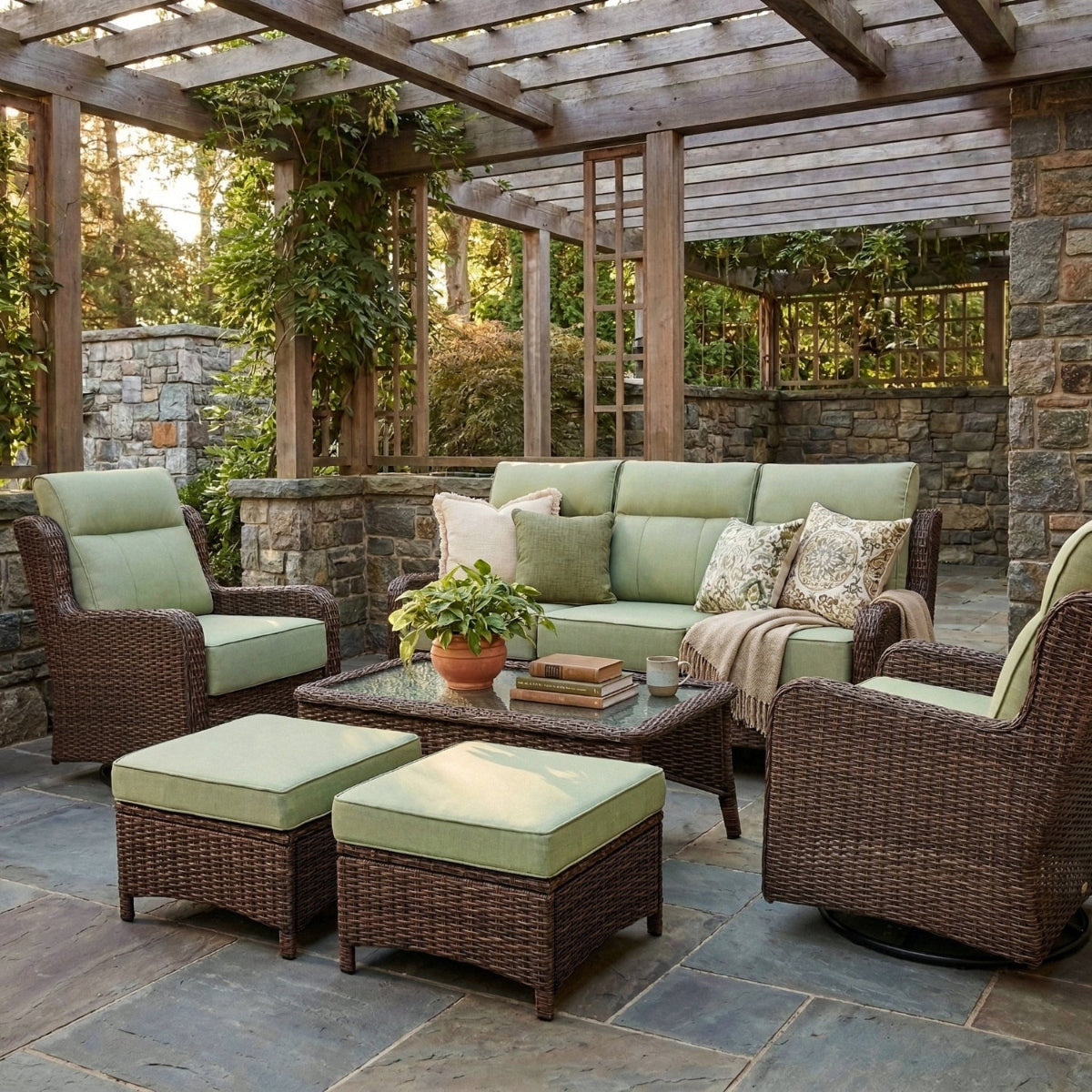 Outdoor patio with wicker furniture and stone wall background