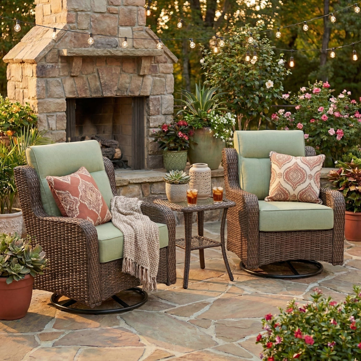 Outdoor patio setting with wicker chairs, a small table, and a stone fireplace.