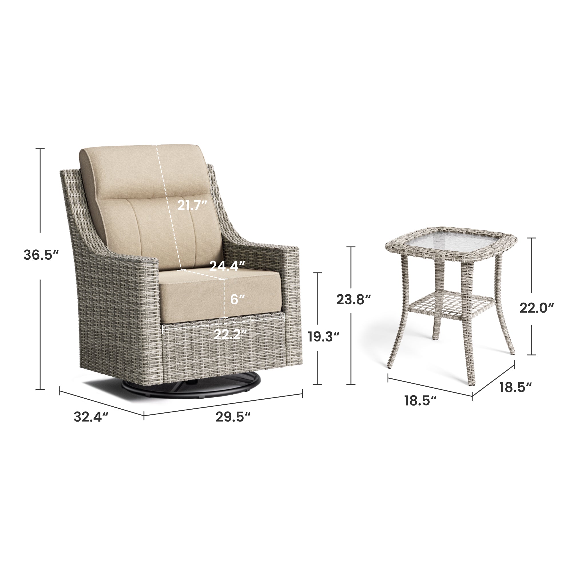 NEVE Outdoor Light Gray Wicker Sofa And Swivel Glider Chair Set