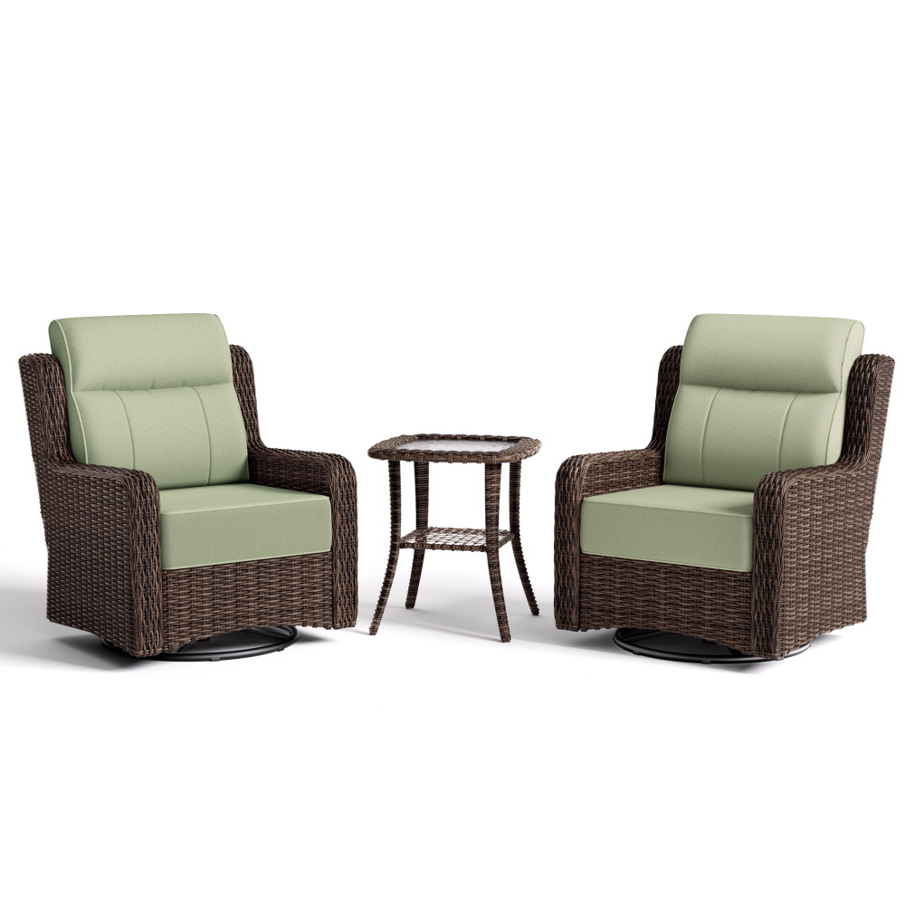 Two wicker chairs with green cushions and a matching side table on a white background