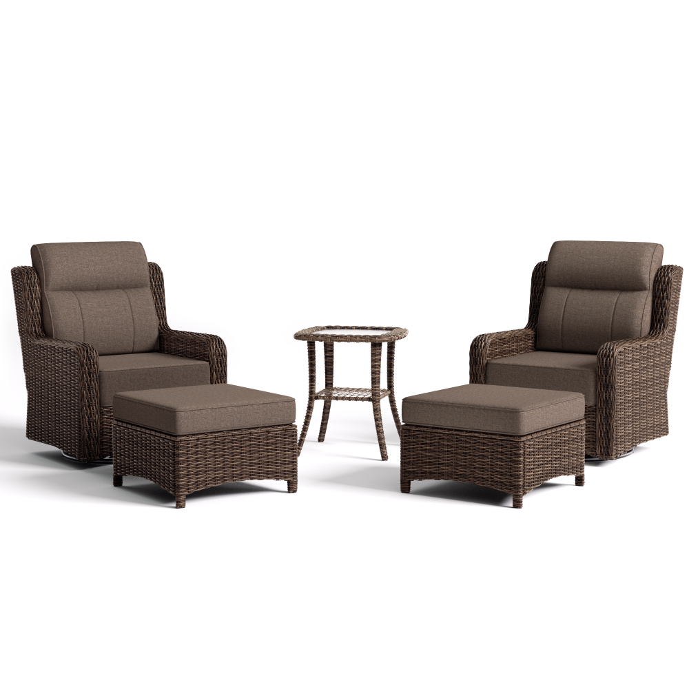 Brown wicker outdoor furniture set with two chairs, ottomans, and a side table on a white background.