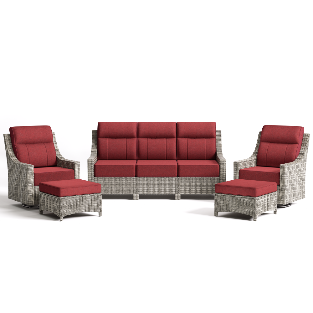 Outdoor furniture set with red cushions on a white background