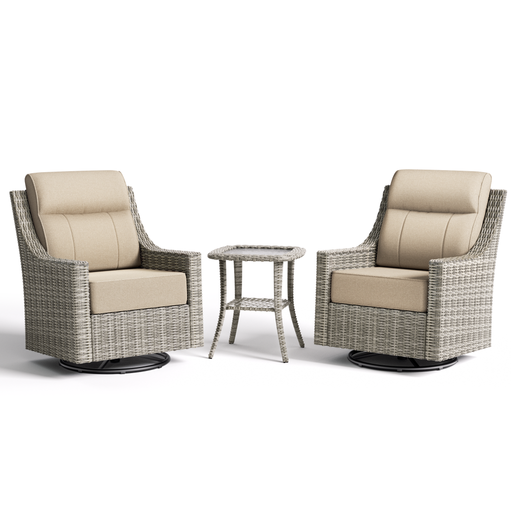Two wicker chairs with beige cushions and a matching side table on a white background