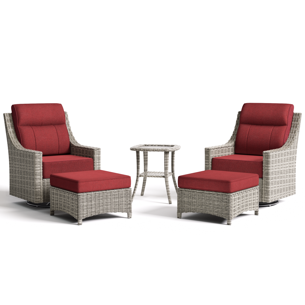 Outdoor furniture set with two chairs, two ottomans, and a small table on a white background