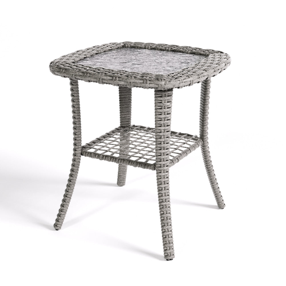Gray wicker side table on a white background