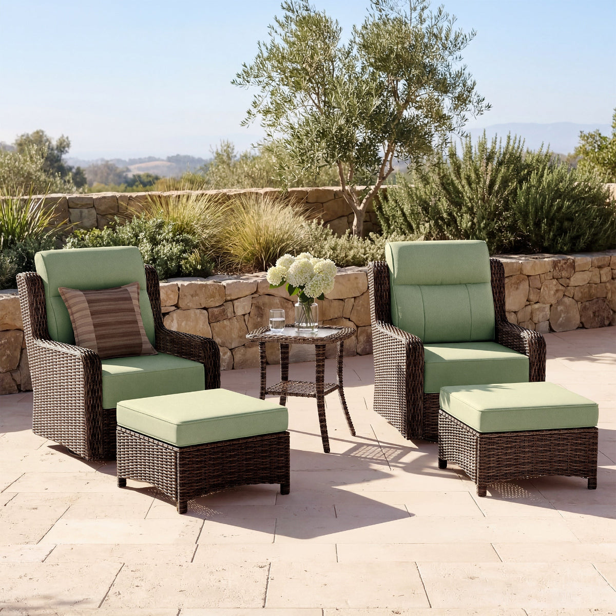 Outdoor brown wicker patio set with wicker chairs and ottomans on a stone patio.