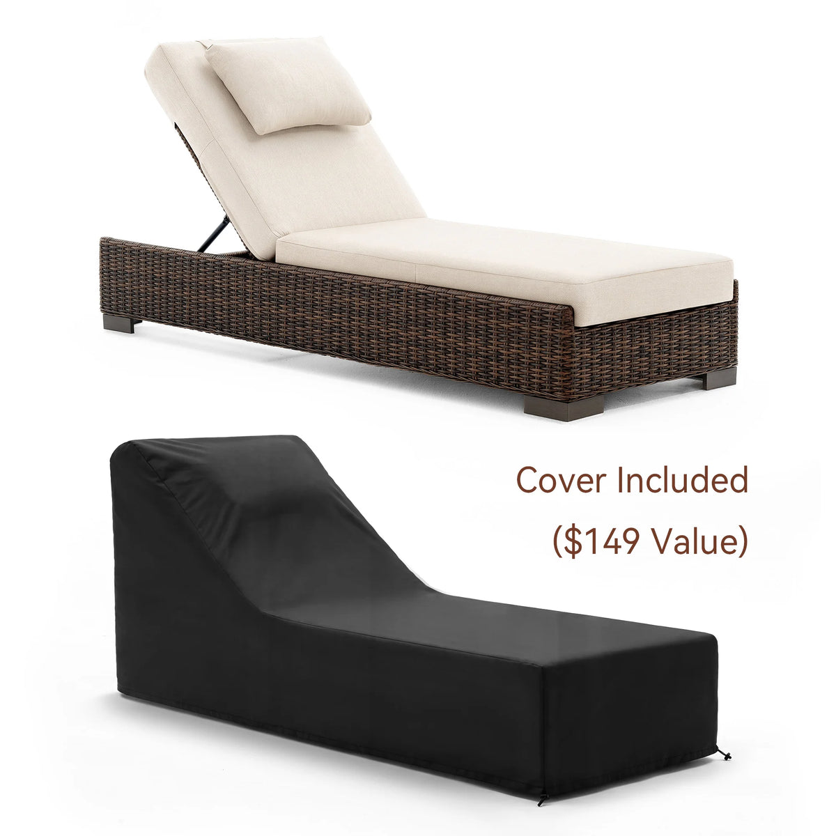 LOAM Outdoor Wicker Adjustable Chaise Lounge with Optional Cover & C-Shaped Side Table