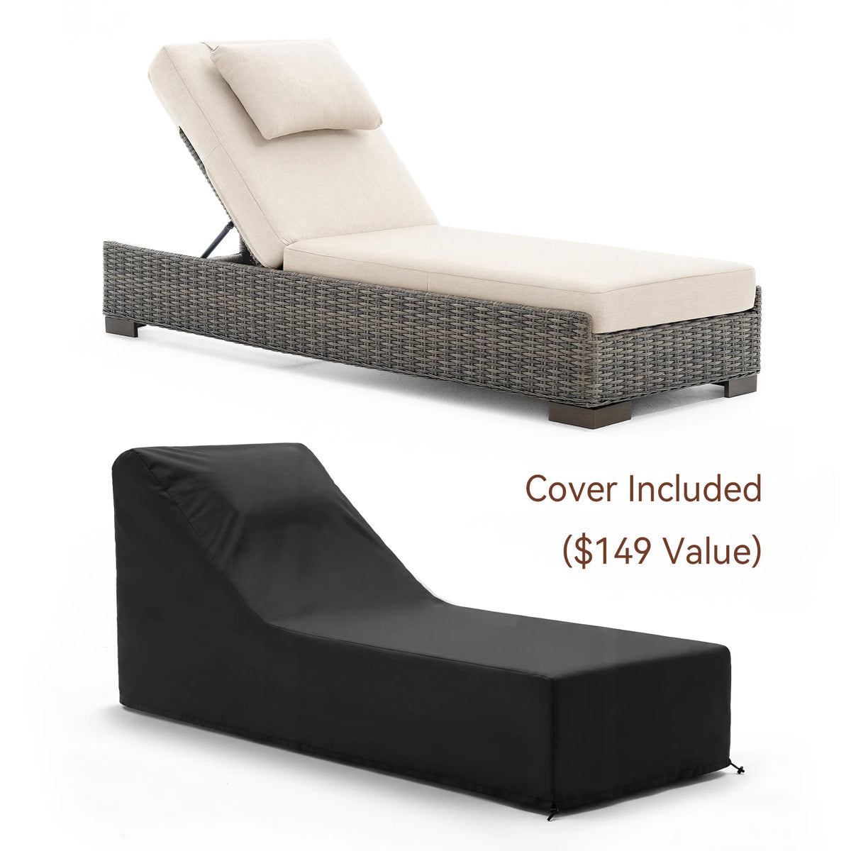 TARN Outdoor Wicker Adjustable Chaise Lounge with Optional Cover & C-Shaped Side Table