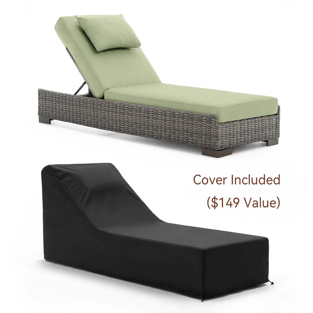 TARN Outdoor Wicker Adjustable Chaise Lounge with Optional Cover & C-Shaped Side Table