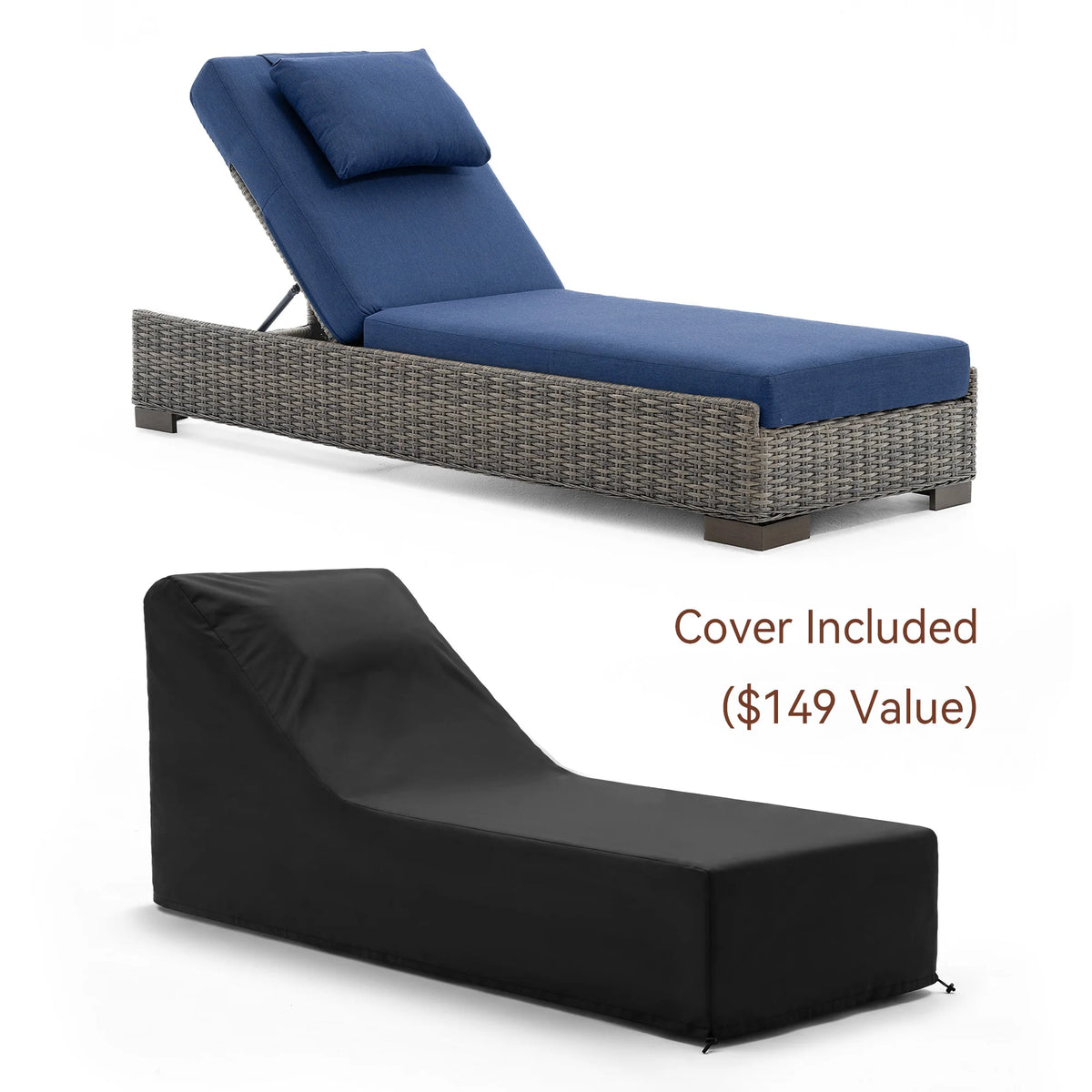 TARN Outdoor Wicker Adjustable Chaise Lounge with Optional Cover & C-Shaped Side Table