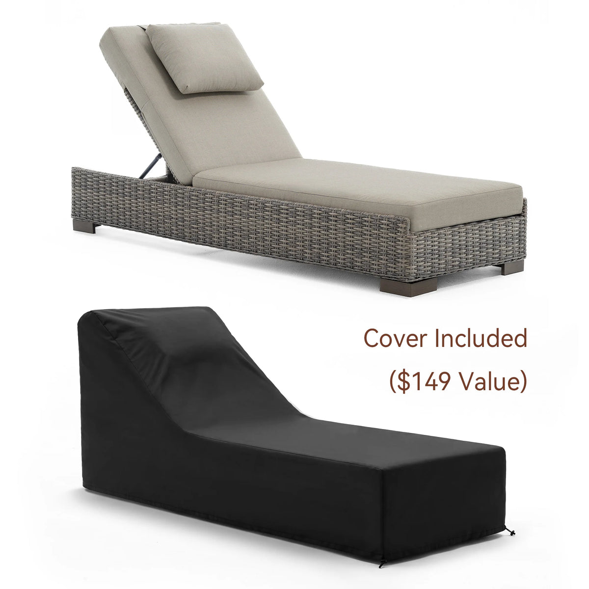 TARN Outdoor Wicker Adjustable Chaise Lounge with Optional Cover & C-Shaped Side Table