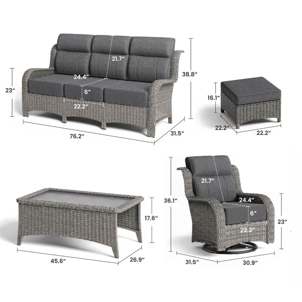 TARN Outdoor Wicker Sofa Set With Swivel Chairs